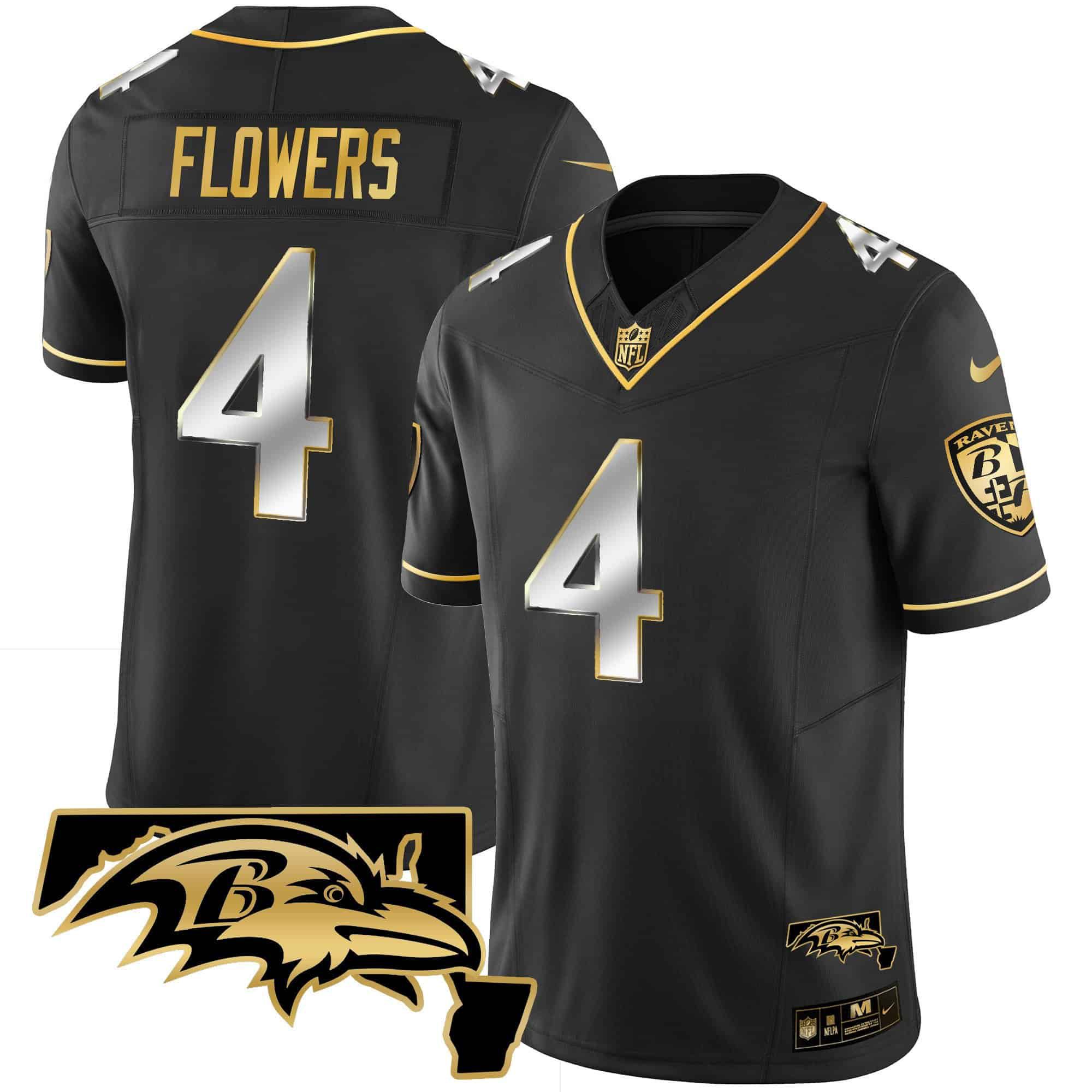 Men Baltimore Ravens #4 Flowers Black Gold 2024 Nike Maryland Patch Vapor Limited NFL Jersey style 1->indianapolis colts->NFL Jersey